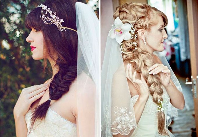 Укладки с фатой и косой на длинные волосы